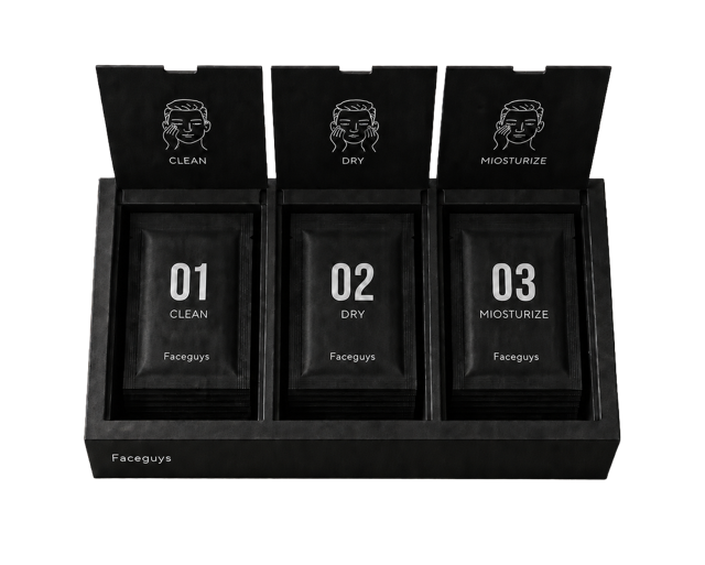 The Faceguys kit, opened. Three compartments labelled Clean, Dry and Day, each holding numbered daily sachets.