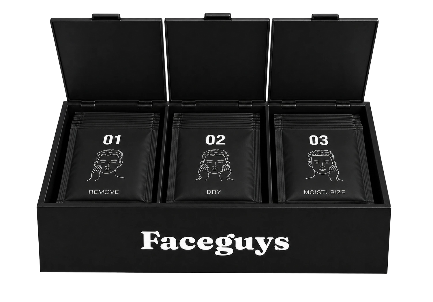 The Faceguys kit, opened. Three sachets — 01 Remove, 02 Dry, 03 Moisturize.